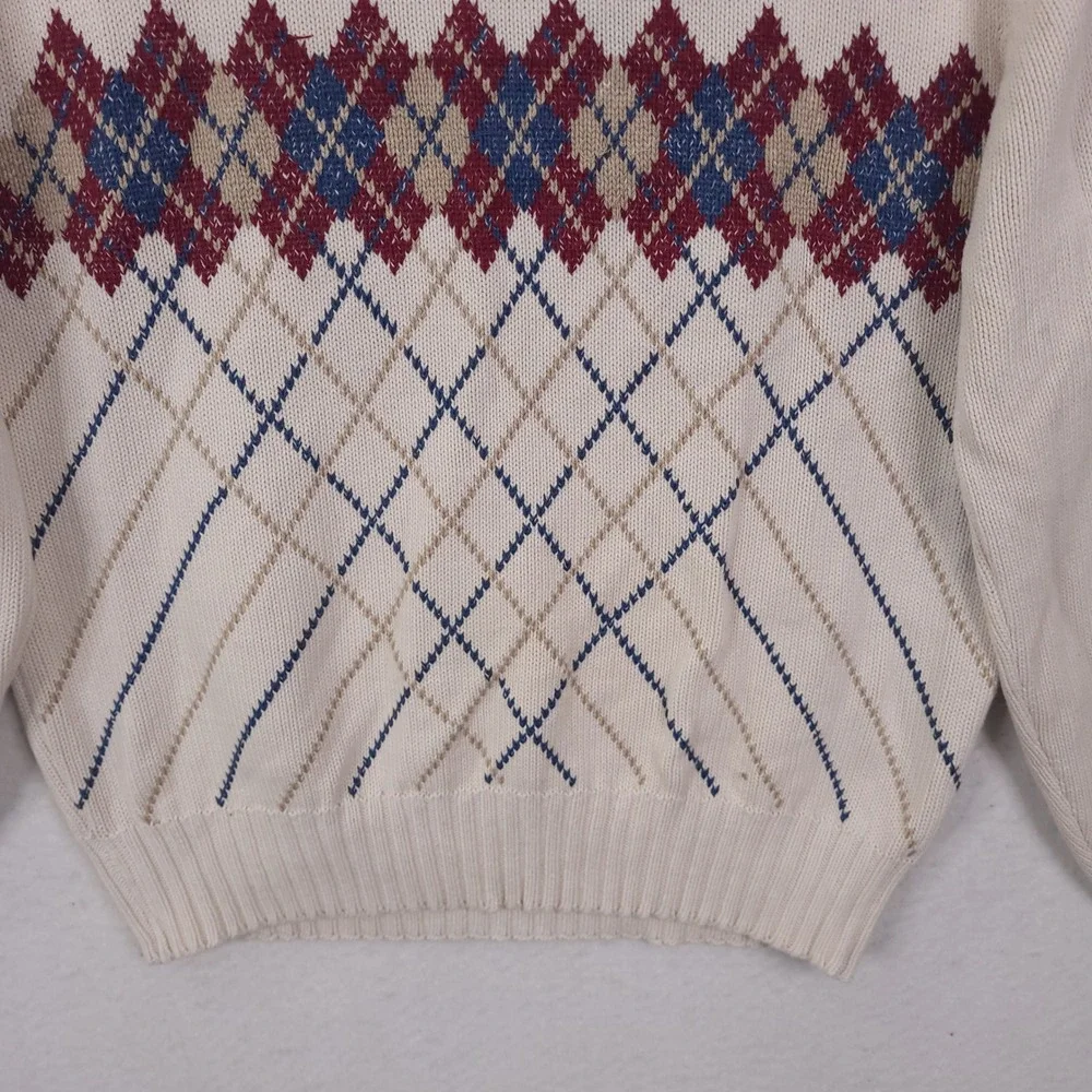 Lands End Argyle Sweater Mens M White Vintage 90s Made in USA Cotton Pullover